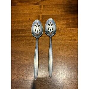 2 Vtg ONEIDA Smiling Face Slotted Spoons ONEIDACRAFT DELUXE Stainless MCM